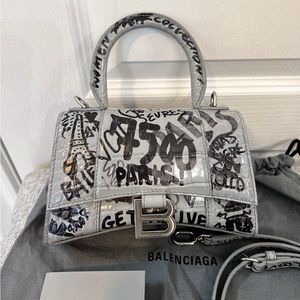 Balenciaga gray Graffiti Printed Calfksin Leather Hourglass XS Top Handle